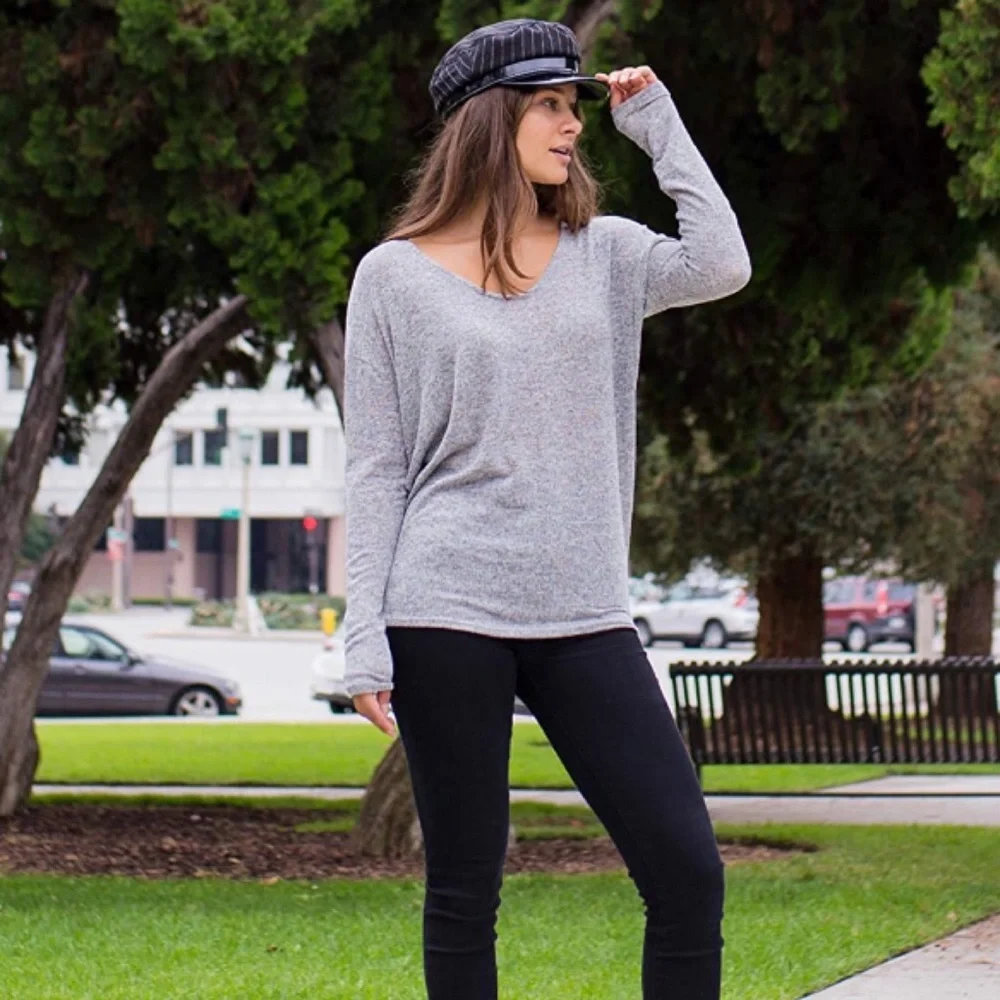 Slouchy Stretchy V Neck Marled Knit Sweater Top - Picture 3 of 10